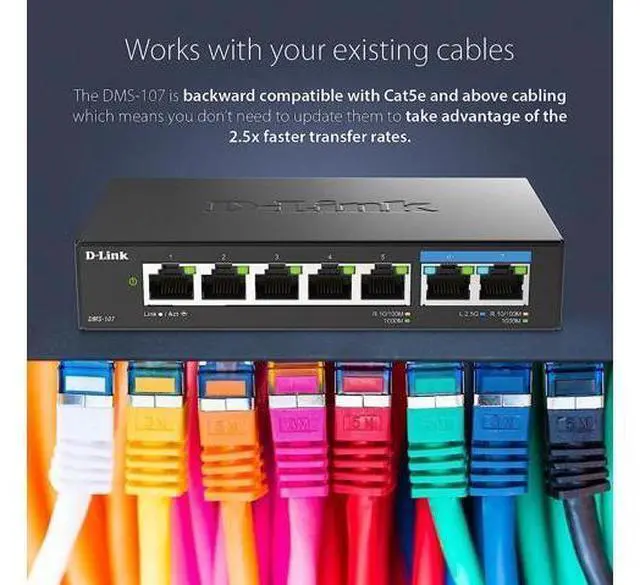 Alt view image 2 of 6 - D-Link 7-Port 2.5GB Unmanaged Gaming Switch with 2 x 2.5G, 5 x 10/100/1000 Mbps - Multi-Gig, Network, Fanless, Plug & Play (DMS-107) Black