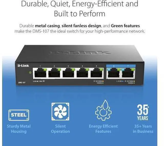Alt view image 4 of 6 - D-Link 7-Port 2.5GB Unmanaged Gaming Switch with 2 x 2.5G, 5 x 10/100/1000 Mbps - Multi-Gig, Network, Fanless, Plug & Play (DMS-107) Black