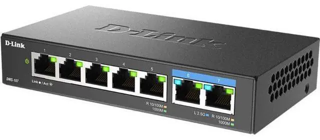 Alt view image 5 of 6 - D-Link 7-Port 2.5GB Unmanaged Gaming Switch with 2 x 2.5G, 5 x 10/100/1000 Mbps - Multi-Gig, Network, Fanless, Plug & Play (DMS-107) Black
