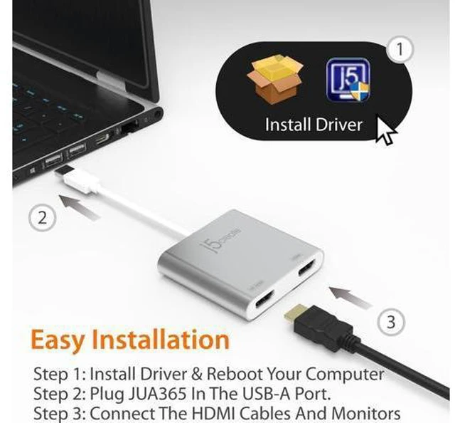 Alt view image 6 of 7 - USB to HDMI Adapter - Dual HDMI USB 3.0 Multi-Monitor Cable | 4K + 1080p | Compatible with Windows and macOS (JUA365)