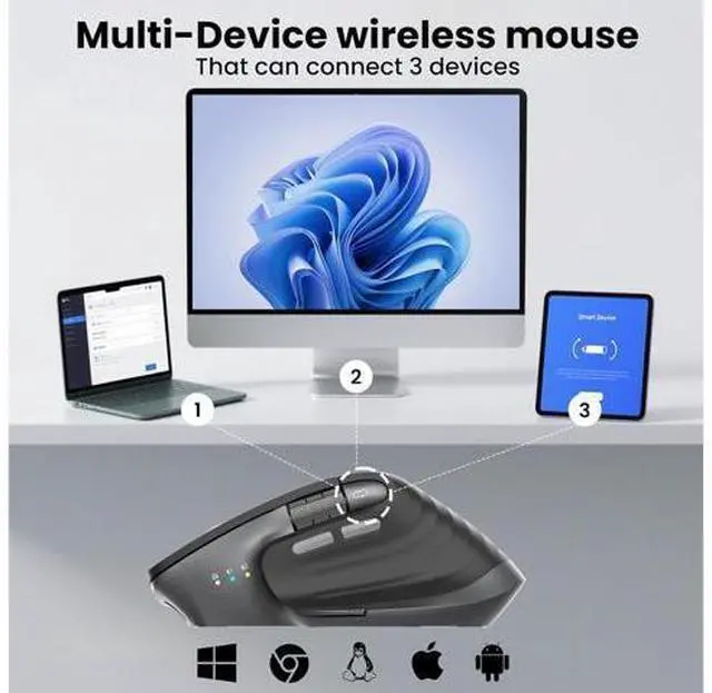 Alt view image 3 of 7 - Wireless Bluetooth Mouse Ergonomic Rechargeable Silent Mouse with Multi-Device Adjustable DPI Flying Scroll & Thumb Wheel Bluetooth Mice for Laptop Computer Tablet Smartphone (Black)