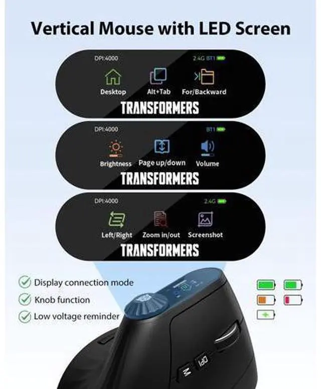 Alt view image 3 of 7 - Vertical Ergonomic Mouse with LED Screen & Knob Control Rechargeable Vertical Mouse Wireless 3-Device Connectivity (2.4G + Dual Bluetooth) Quiet Clicks Computer Mice for PC/Mac/Laptop