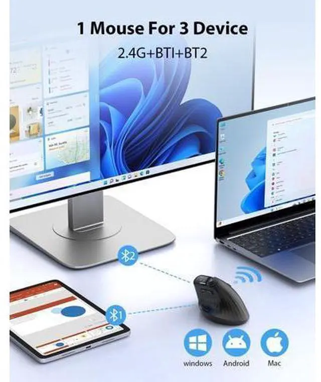 Alt view image 5 of 7 - Vertical Ergonomic Mouse with LED Screen & Knob Control Rechargeable Vertical Mouse Wireless 3-Device Connectivity (2.4G + Dual Bluetooth) Quiet Clicks Computer Mice for PC/Mac/Laptop
