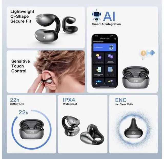 Alt view image 4 of 5 - Kieslect Clip on Earbuds Open Ear Wireless Bluetooth Headphones AI 165 Language Translator Earbuds with Wireless Charging Case, Translation Earphones Real Time, Translate Ear Buds for Travel Learning