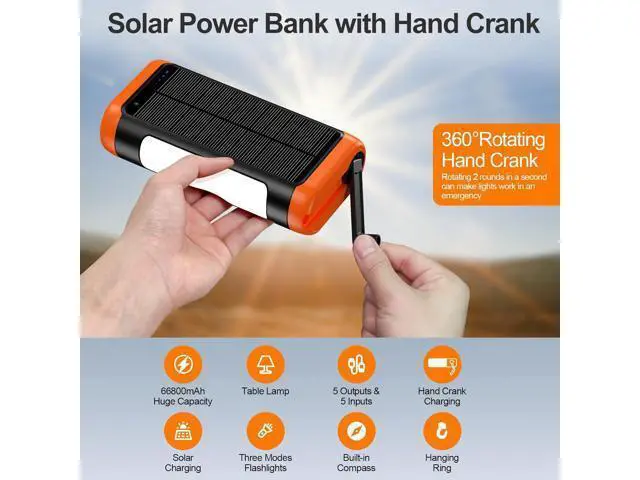 Alt view image 2 of 7 - Solar Power Bank Portable Charger:66800mAh Built in Hand Crank and 3 Cables 22.5W Fast Charging Phone External Battery Pack(5 Outputs & 5 Inputs) with Camping Flashlights/Table Lamp/Compass