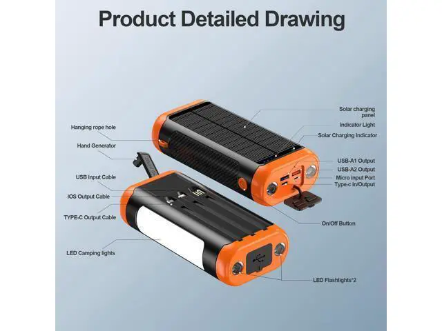 Alt view image 7 of 7 - Solar Power Bank Portable Charger:66800mAh Built in Hand Crank and 3 Cables 22.5W Fast Charging Phone External Battery Pack(5 Outputs & 5 Inputs) with Camping Flashlights/Table Lamp/Compass