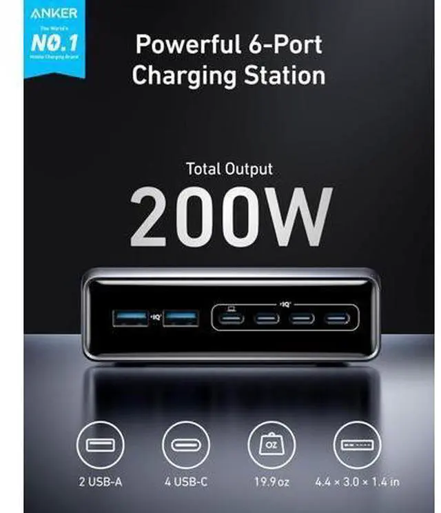 Alt view image 2 of 6 - Prime Charger 200W 6-Port GaN Charging Station USB-C PD Fast Charging Desktop Charger Compatible with iPhone MacBook and More