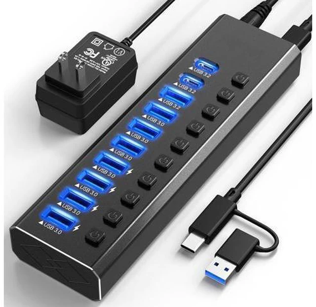 Main image of Powered USB Hub 3.2,10-Port USB 3.2/USB C Hub (10Gbps USB-A 3.2 +2 USB-C 3.2 +7 USB 3.0 Ports) with Individual On/Off Switches and 12V Power Adapter, Aluminum USB Hub Powered for Laptop PC