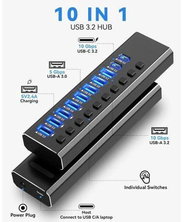 Alt view image 2 of 7 - Powered USB Hub 3.2,10-Port USB 3.2/USB C Hub (10Gbps USB-A 3.2 +2 USB-C 3.2 +7 USB 3.0 Ports) with Individual On/Off Switches and 12V Power Adapter, Aluminum USB Hub Powered for Laptop PC