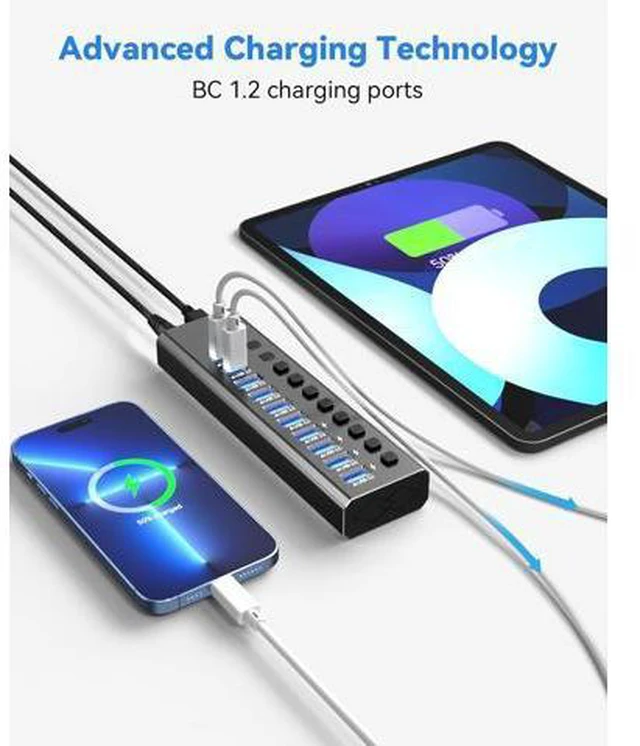 Alt view image 7 of 7 - Powered USB Hub 3.2,10-Port USB 3.2/USB C Hub (10Gbps USB-A 3.2 +2 USB-C 3.2 +7 USB 3.0 Ports) with Individual On/Off Switches and 12V Power Adapter, Aluminum USB Hub Powered for Laptop PC