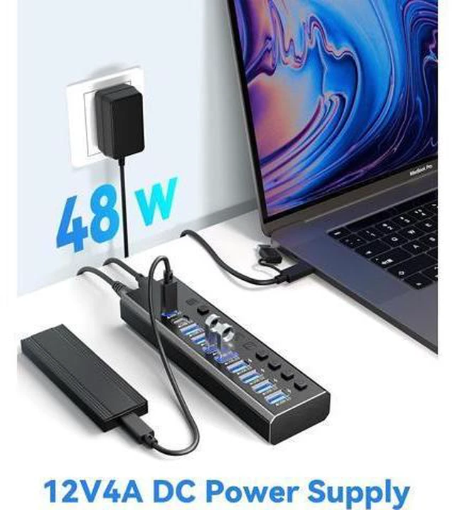 Alt view image 4 of 7 - Powered USB Hub 3.2,10-Port USB 3.2/USB C Hub (10Gbps USB-A 3.2 +2 USB-C 3.2 +7 USB 3.0 Ports) with Individual On/Off Switches and 12V Power Adapter, Aluminum USB Hub Powered for Laptop PC