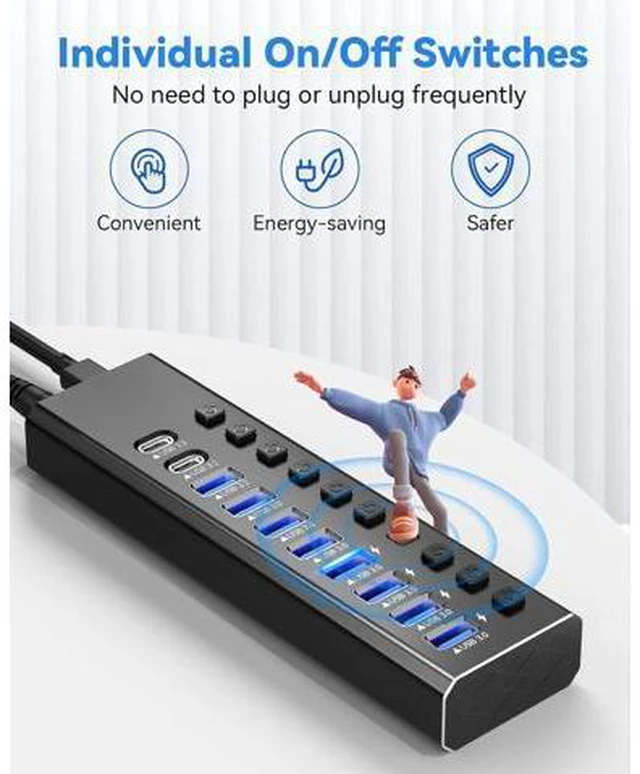 Alt view image 5 of 7 - Powered USB Hub 3.2,10-Port USB 3.2/USB C Hub (10Gbps USB-A 3.2 +2 USB-C 3.2 +7 USB 3.0 Ports) with Individual On/Off Switches and 12V Power Adapter, Aluminum USB Hub Powered for Laptop PC