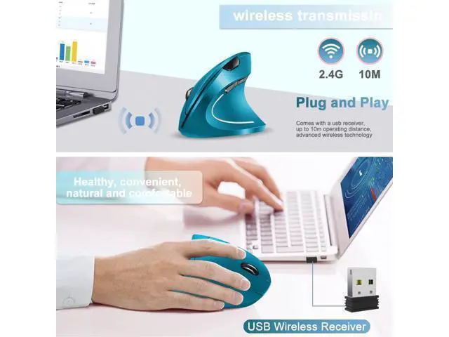 Alt view image 2 of 7 - Ergonomic Wireless Mouse, Rechargeable Mouse 2.4Hz Vertical Wireless Optical Mice with USB Receiver, 6 Buttons, 800/1200/1600 DPI Blue