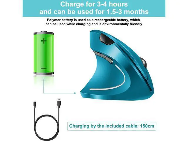 Alt view image 5 of 7 - Ergonomic Wireless Mouse, Rechargeable Mouse 2.4Hz Vertical Wireless Optical Mice with USB Receiver, 6 Buttons, 800/1200/1600 DPI Blue