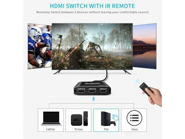 Alt view image 5 of 7 - HDMI Switch 4K HDMI Splitter, Koopman Aluminum HDMI 2.0 Switch 3 in 1 Out, HDMI Switch with IR Remote Control, Supports HDCP 2.2 4K@60Hz HDR 3D HD1080P, HDMI Switcher for PS4 Xbox Apple TV Fire Stick
