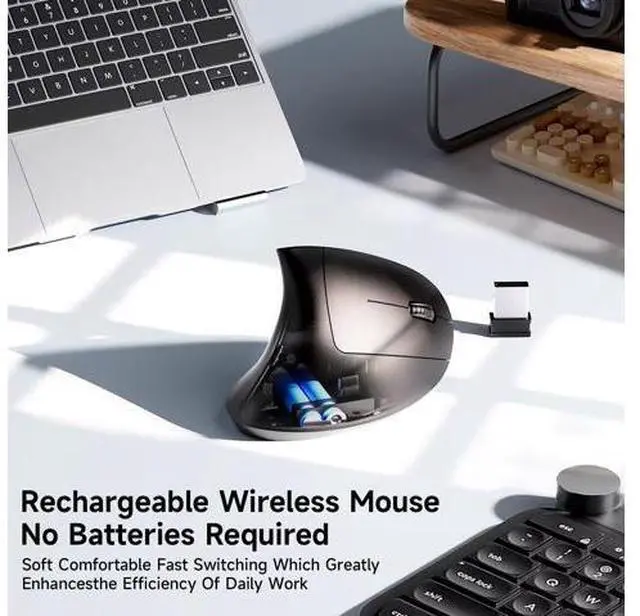 Alt view image 7 of 7 - Ergonomic Vertical Wireless Mouse Stylish Rechargeable 2.4G Optical Mice Cordless Mouse with USB Receiver, 800/1200 /1600 DPI, 5 Buttons for Laptop,PC,Mac,Computer (Black)