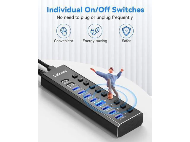 Alt view image 5 of 7 - FOR-Powered USB Hub 3.2 LEINSIS 10-Port USB 3.2/USB C Hub (10Gbps USB-A 3.2 +2 USB-C 3.2 +7 USB 3.0 Ports) with Individual On/Off Switches and 12V Power Adapter Aluminum USB Hub Powered for Laptop PC