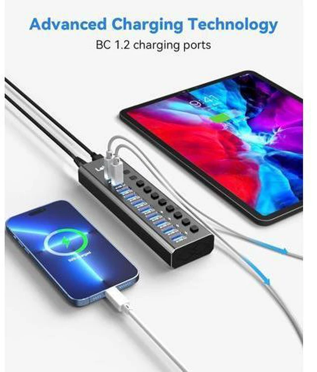 Alt view image 6 of 7 - FOR-Powered USB Hub 3.2 LEINSIS 10-Port USB 3.2/USB C Hub (10Gbps USB-A 3.2 +2 USB-C 3.2 +7 USB 3.0 Ports) with Individual On/Off Switches and 12V Power Adapter Aluminum USB Hub Powered for Laptop PC