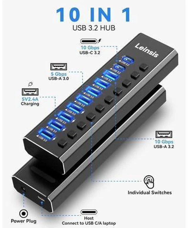 Alt view image 2 of 7 - FOR-Powered USB Hub 3.2 LEINSIS 10-Port USB 3.2/USB C Hub (10Gbps USB-A 3.2 +2 USB-C 3.2 +7 USB 3.0 Ports) with Individual On/Off Switches and 12V Power Adapter Aluminum USB Hub Powered for Laptop PC