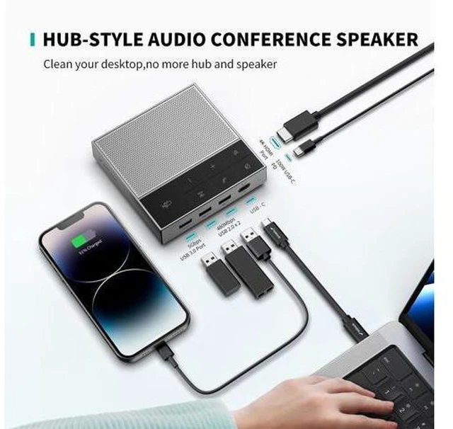 Alt view image 2 of 7 - Conference Speaker and Microphone with Mute/Project, Enhanced Voice Pickup & Full Duplex Noise Cancelling Speakerphone, Omnidirectional USB C Speaker for Home Office Meeting-Grey