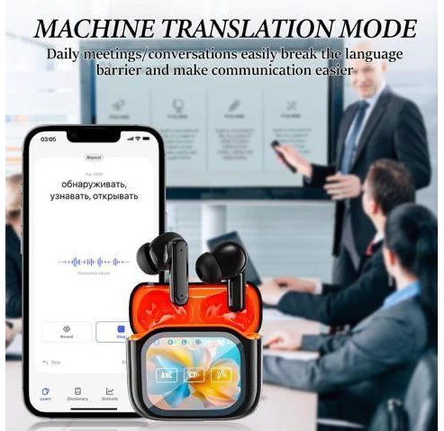 Alt view image 2 of 7 - NE20 Earbuds, NE20 AI Translation Ear Buds Real Time, 140 Two-Way Language Translator Earphones, LCD Touch Screen, 48db Intelligent Noise Reduction,Hd Stereo Sound(Black)