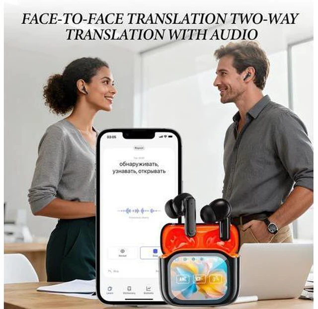 Alt view image 4 of 7 - NE20 Earbuds, NE20 AI Translation Ear Buds Real Time, 140 Two-Way Language Translator Earphones, LCD Touch Screen, 48db Intelligent Noise Reduction,Hd Stereo Sound(Black)