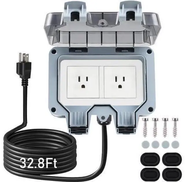 Main image of Outdoor Power Outlet Box with 32.8Ft Extension Cord, NEMA 5-15R, STW 14 AWG, Weatherproof Waterproof IP66 Electrical Outlet Extender, Exterior Wall Power Socket w/Cover for Garden