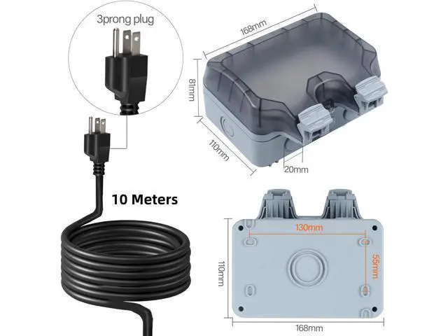 Alt view image 2 of 7 - Outdoor Power Outlet Box with 32.8Ft Extension Cord, NEMA 5-15R, STW 14 AWG, Weatherproof Waterproof IP66 Electrical Outlet Extender, Exterior Wall Power Socket w/Cover for Garden