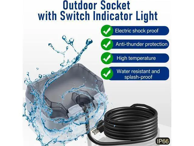 Alt view image 7 of 7 - Outdoor Power Outlet Box with 32.8Ft Extension Cord, NEMA 5-15R, STW 14 AWG, Weatherproof Waterproof IP66 Electrical Outlet Extender, Exterior Wall Power Socket w/Cover for Garden