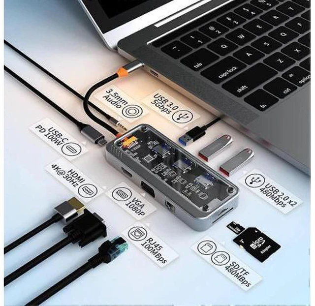 Alt view image 2 of 5 - Ecocleanpath 10-in-1 USB C Hub with 4K HDMI, VGA, PD Charging, Ethernet, SD/TF Reader for MacBook Pro/Air