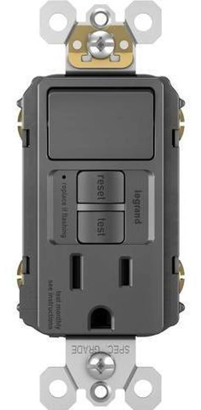 Main image of Legrand radiant 1597SWTTRBKCCD4 15 Amp Combination GFCI Self Test Tamper-Resistant Decorator Outlet with Single Pole Light Switch, Black (1 Count)
