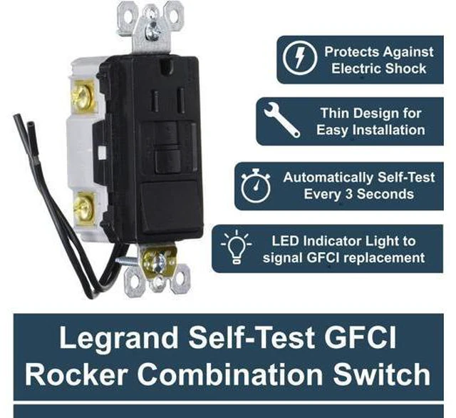 Alt view image 2 of 7 - Legrand radiant 1597SWTTRBKCCD4 15 Amp Combination GFCI Self Test Tamper-Resistant Decorator Outlet with Single Pole Light Switch, Black (1 Count)