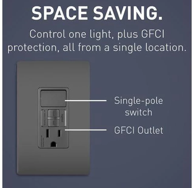 Alt view image 3 of 7 - Legrand radiant 1597SWTTRBKCCD4 15 Amp Combination GFCI Self Test Tamper-Resistant Decorator Outlet with Single Pole Light Switch, Black (1 Count)