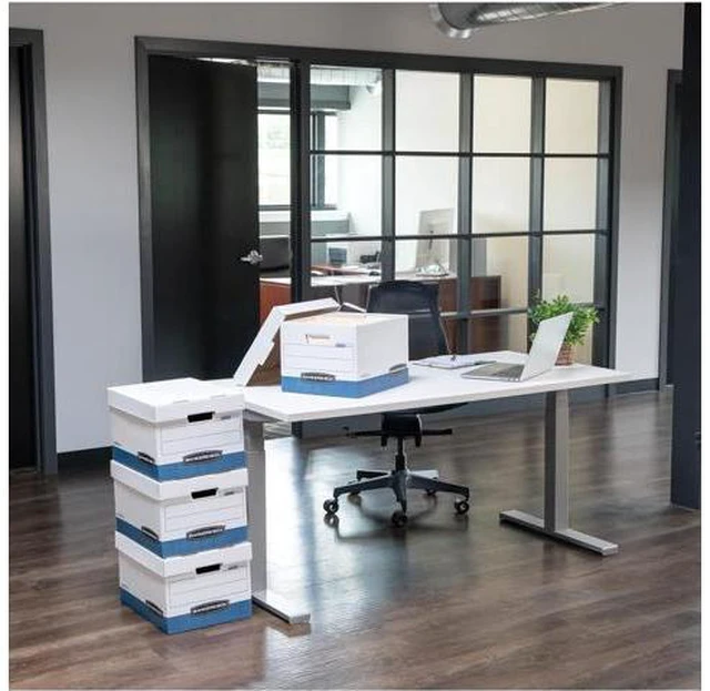 Alt view image 3 of 6 - Bankers Box 4 Pack HANG'N'STOR Medium-Duty File Storage Boxes, FastFold, Lift-Off Lid, Letter/Legal, White/Blue