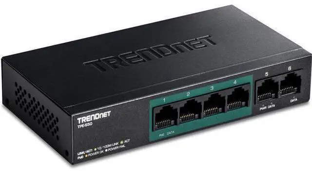 Main image of TRENDnet 6-Port Fast Ethernet PoE+ Switch, TPE-S50, NDAA Compliant, 60W PoE Budget, 1.2 Gbps Switch Capacity, Metal, Black, Lifetime Protection