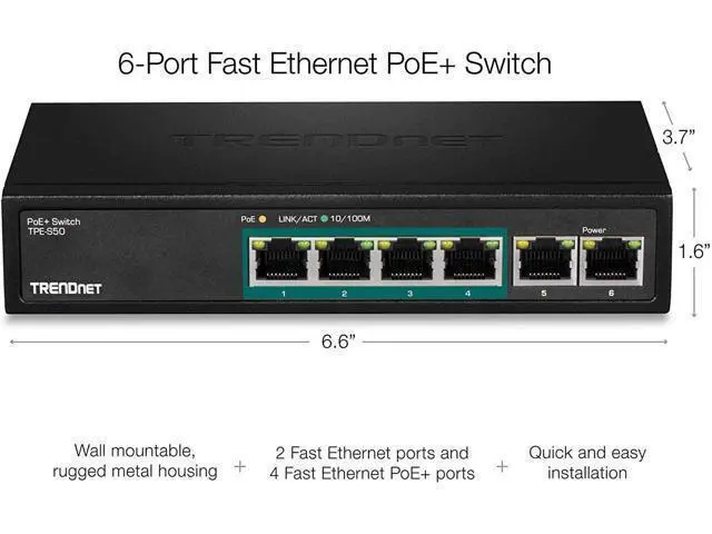 Alt view image 6 of 7 - TRENDnet 6-Port Fast Ethernet PoE+ Switch, TPE-S50, NDAA Compliant, 60W PoE Budget, 1.2 Gbps Switch Capacity, Metal, Black, Lifetime Protection