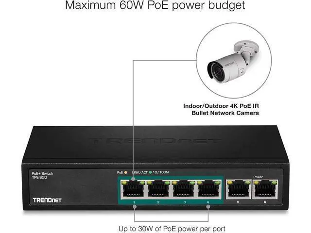 Alt view image 7 of 7 - TRENDnet 6-Port Fast Ethernet PoE+ Switch, TPE-S50, NDAA Compliant, 60W PoE Budget, 1.2 Gbps Switch Capacity, Metal, Black, Lifetime Protection