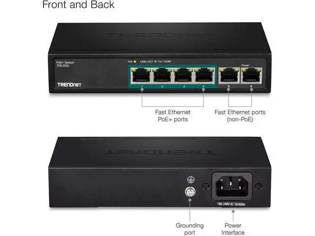 Alt view image 5 of 7 - TRENDnet 6-Port Fast Ethernet PoE+ Switch, TPE-S50, NDAA Compliant, 60W PoE Budget, 1.2 Gbps Switch Capacity, Metal, Black, Lifetime Protection