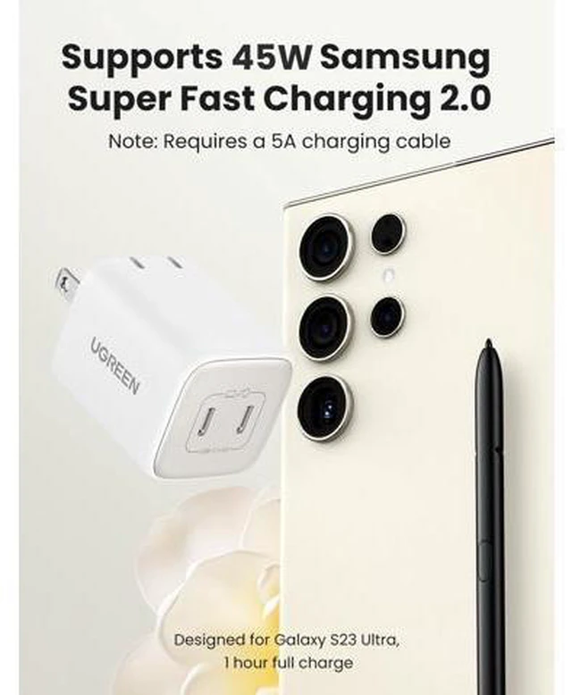 Alt view image 2 of 5 - UGREEN 45W USB C Charger, Nexode 2 Port GaN Foldable PPS Wall Charger Block Support Samsung Super Fast Charging 2.0 for Galaxy S25/S24/Note 20, iPhone 16/15/14, iPad, MacBook, Steam Deck (White)