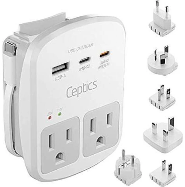 Main image of 35W Universal Travel Adapter Kit 2 USA sockets USB-A USBC 1x PD 35W USB-C and USBC Cable Surge Protected Plugs for EU UK China AU Japan - for Laptop Phone Camera-ETL Tested