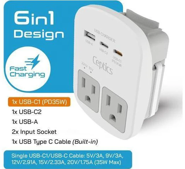 Alt view image 2 of 7 - 35W Universal Travel Adapter Kit 2 USA sockets USB-A USBC 1x PD 35W USB-C and USBC Cable Surge Protected Plugs for EU UK China AU Japan - for Laptop Phone Camera-ETL Tested