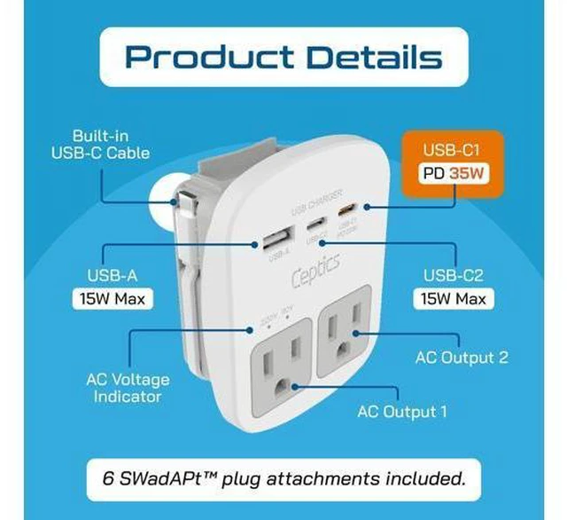 Alt view image 3 of 7 - 35W Universal Travel Adapter Kit 2 USA sockets USB-A USBC 1x PD 35W USB-C and USBC Cable Surge Protected Plugs for EU UK China AU Japan - for Laptop Phone Camera-ETL Tested