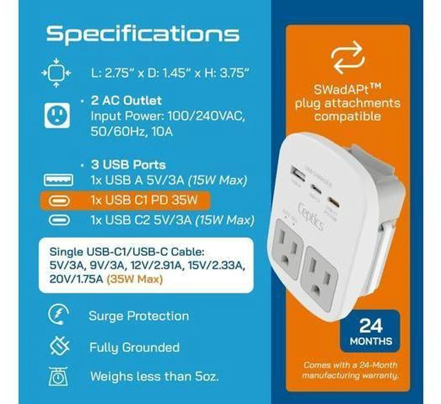 Alt view image 4 of 7 - 35W Universal Travel Adapter Kit 2 USA sockets USB-A USBC 1x PD 35W USB-C and USBC Cable Surge Protected Plugs for EU UK China AU Japan - for Laptop Phone Camera-ETL Tested