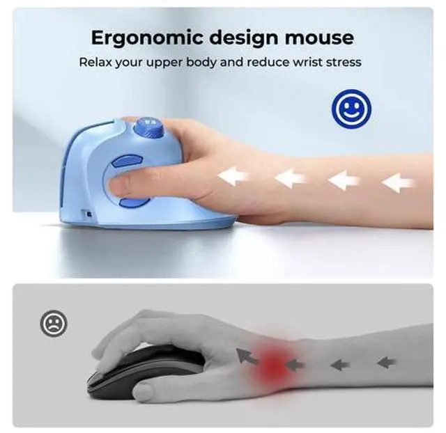 Alt view image 5 of 5 - seenda Ergonomic Mouse Rechargeable, Vertical Wireless Mouse with Volume knob, Quiet clicks, 3 Device Connection (Bluetooth or USB), Optical Mice for Windows, PC/Mac- Blue