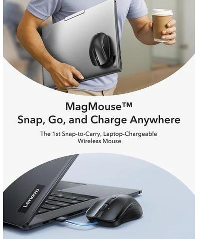 Alt view image 2 of 7 - MagMouse Snap-to-Carry Bluetooth Mouse Rechargeable Wireless Mouse for Laptop with Built-in Charging Cable Reusable Adhesive Holder BT 5.0 + 2.4 GHz Connectivity Silent Ergonomic Black