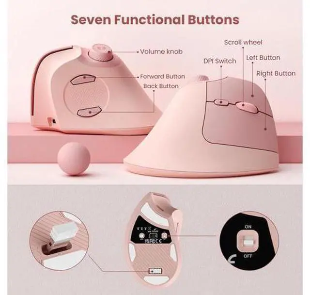Alt view image 6 of 7 - seenda Ergonomic Mouse Rechargeable, USB+Dual Bluetooth, MOU-302 Vertical Wireless Mouse with Volume Knob, Quiet Clicks, Multi-Device Cordless Mice Compatible for Windows, PC, Laptop, Mac OS