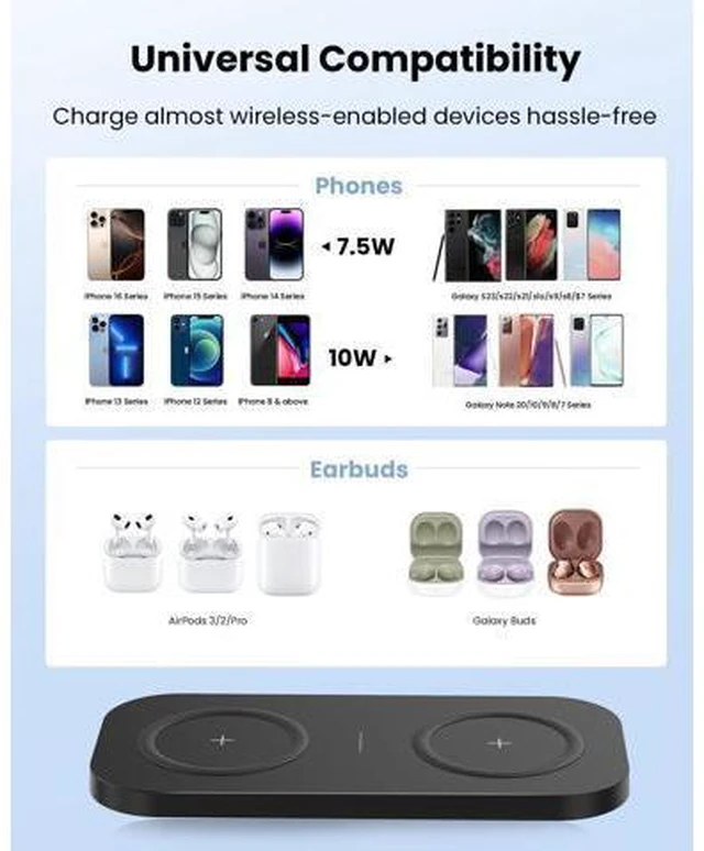 Alt view image 3 of 7 - Wireless Charger 10W Max Dual Charging Pad for iPhone 15/14/14 Plus/13 Pro Max/Pro/Mini/12/11 Airpods 3/2/Pro S22/S21 QC 24W Adapter Charging Adapter