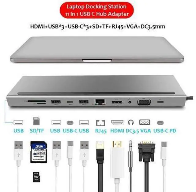 Alt view image 2 of 7 - USB C Type C Hub USB Type C Hub, USB C Hub, USB Type C Docking Station 11 in 1, USB C to HDMI 4K VGA, 3USB 3.0, RJ45 Gigabit Ethernet, PD SD/TF Card Reader, 3.5mm Audio, for MacBook, MacBook Pro, iPad