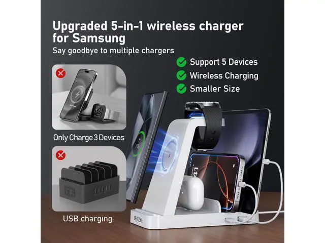 Alt view image 4 of 7 - Wireless Charger for 5 in 1 Wireless Charging Station for Charger Dock Stand for Galaxy Watch Ultra 7 6 5 4 3 Galaxy S25 S24 Ultra S23 S22 S21 Note 20 10 Z Fold Buds White