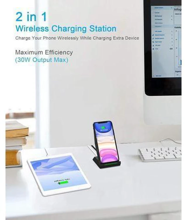 Alt view image 4 of 7 - 2 in 1 Wireless Charger Equipped with PD 30W Adapter Qi Certified Fast Charging Stand with USB-A Port Compatible iPhone 17/16/15/14/13/12/11 Phone Charger for Galaxy S25/S24/S23/S22/S21